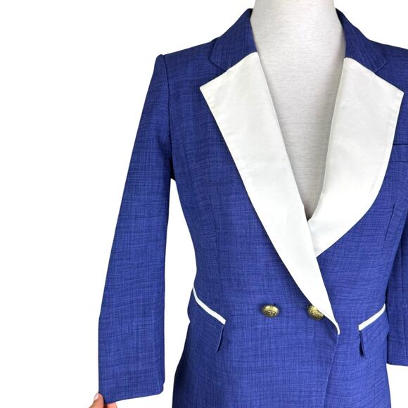 C. Luce NWT Blue & White Tuxedo Colorblock Gold Button 3/4 Sleeve Blazer Jacket - Picture 7 of 11
